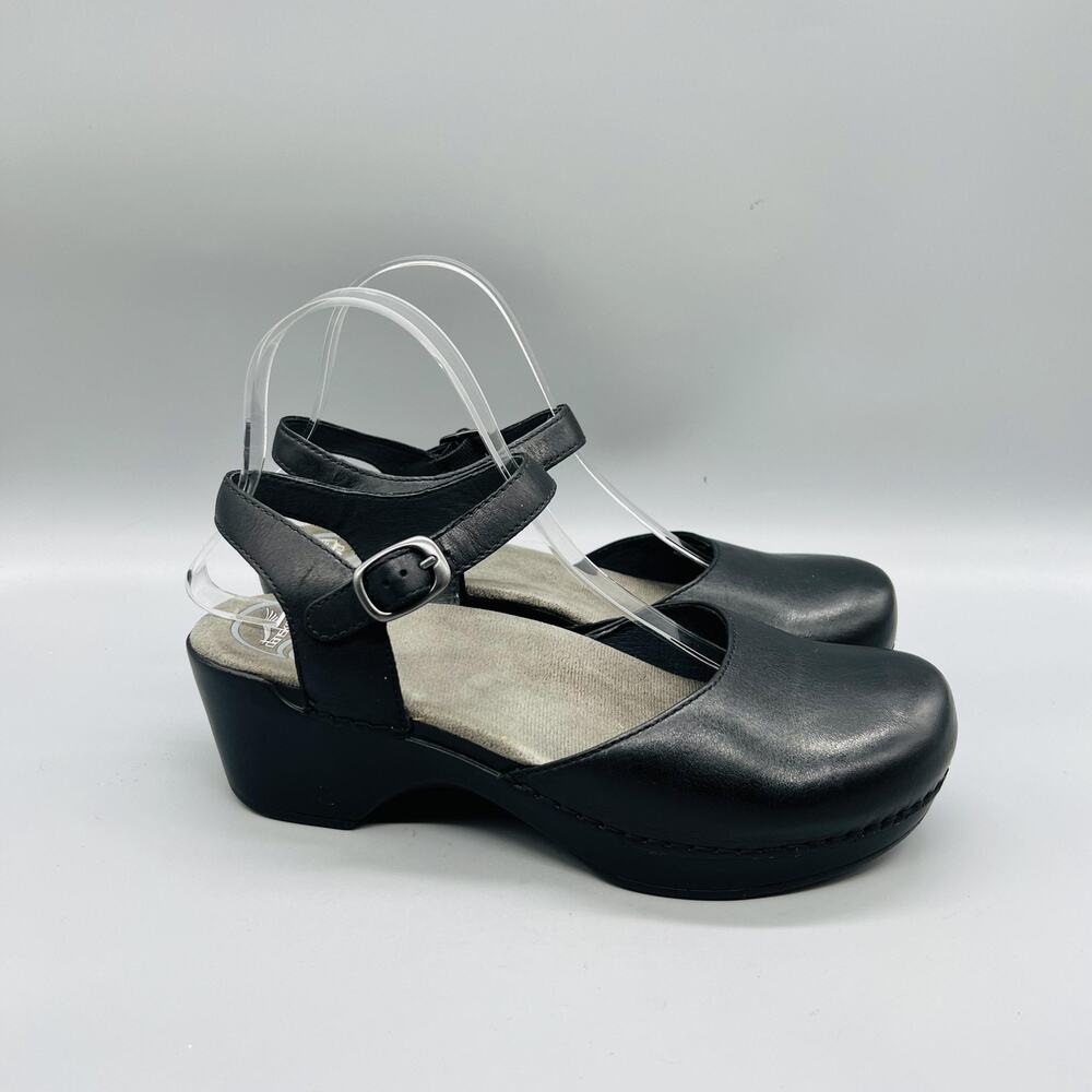 Dansko Shoes Women 8.5 Black Leather Mary Jane Ankle Strap Wedge Sandals Comfort